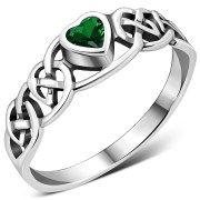 Celtic Knot Green CZ Heart Silver Ring, r537